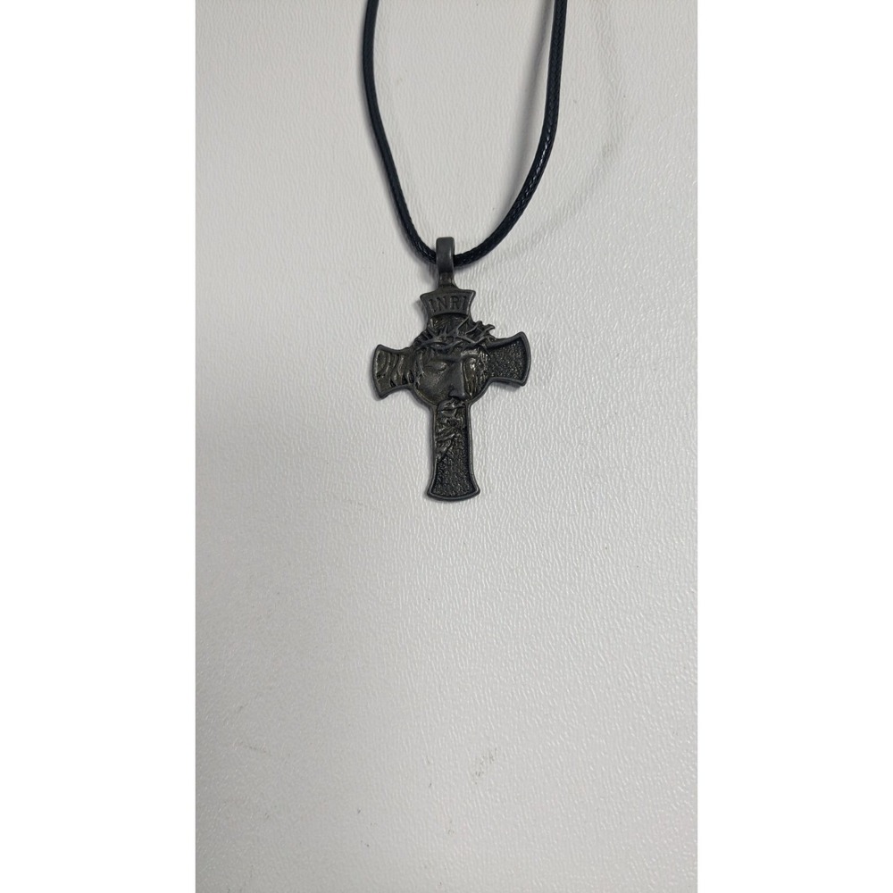 Jesus Christ Face Crucifix Cross Pendant Necklace INRI Gunmetal Black Cord - Picture 7 of 9